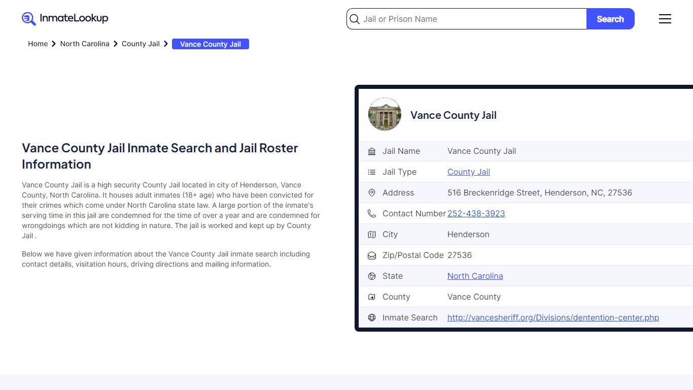 Vance County Jail Inmate Search - Henderson North Carolina - Inmate Lookup